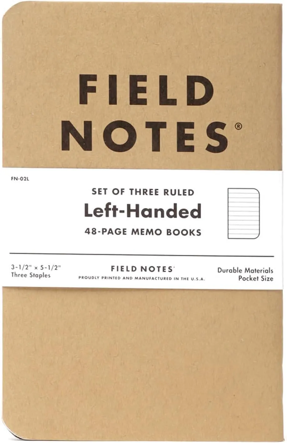 Field Notes: Original Kraft 3-Pack - Left-Handed - Ruled Paper Memo Books - Lined 48 Page Pocket Notebooks - 3.5" x 5.5"