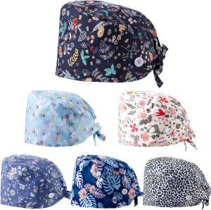 Geyoga 6 Pieces Women Scrub Caps Surgical Caps with Buttons Working Adjustable Sweatband Bouffant Hats Multicoloured