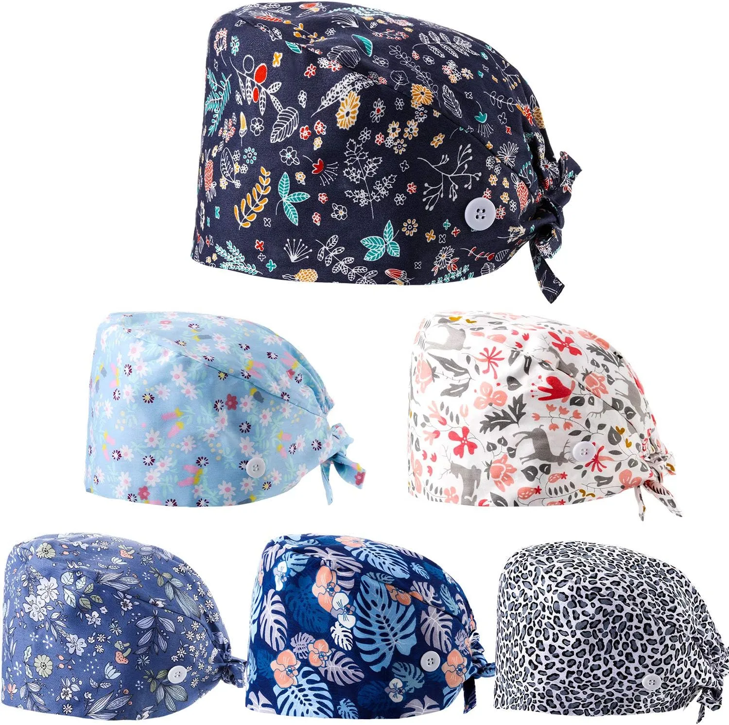 Geyoga 6 Pieces Women Scrub Caps Surgical Caps with Buttons Working Adjustable Sweatband Bouffant Hats Multicoloured