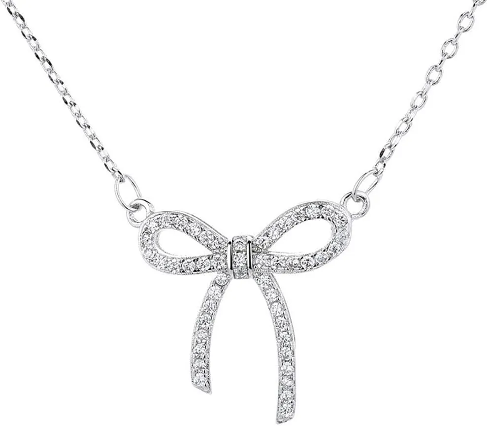 GIGB PBDK Silver Bow Necklaces for Women,Sparkly Rhinestone Bow Pendant Choker Necklace,Charm Gold Crystal Coquette Necklace,Cute Party Bow Jewelry Gifts