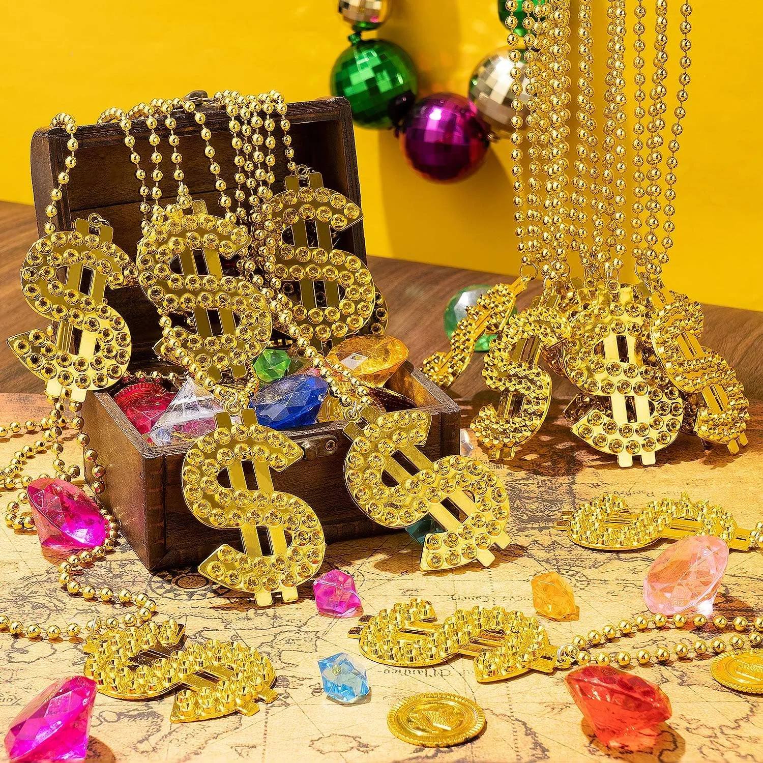 Gold Dollar Sign Necklace, Fake Money Chain Necklace, Jewelry Mardi Gras Beads Bling Gold Chain with Dollar Sign, for Hip Hop Men Rapper Costume Accessories