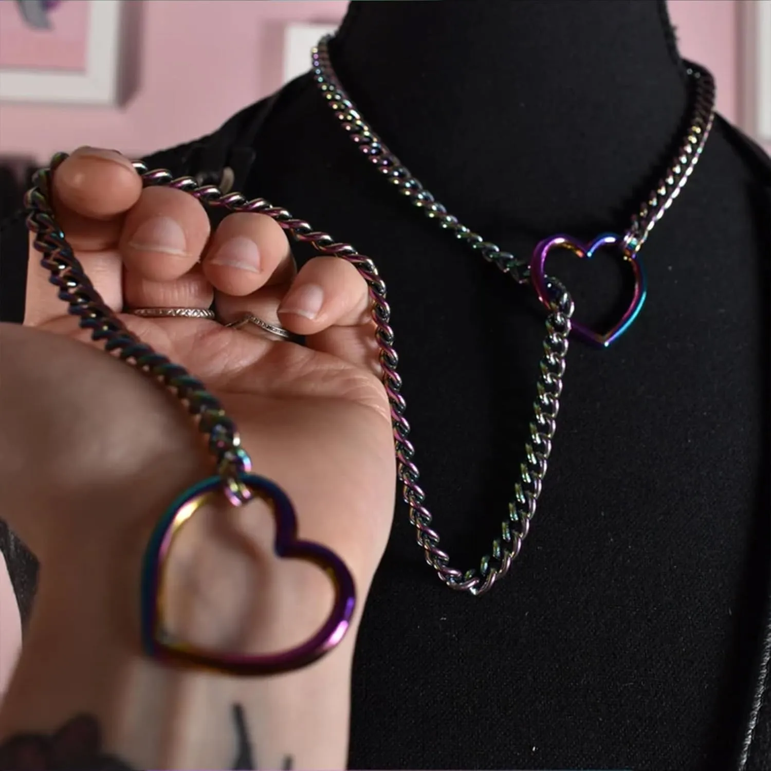 Heart O-ring Slip Chain Necklace for Women Punk Rock Stainless Steel Cuban Long Handmade Necklace Y-NecklaceJewelry Gifts Adjustable Lariat Y-Necklace Heart Locker With Key