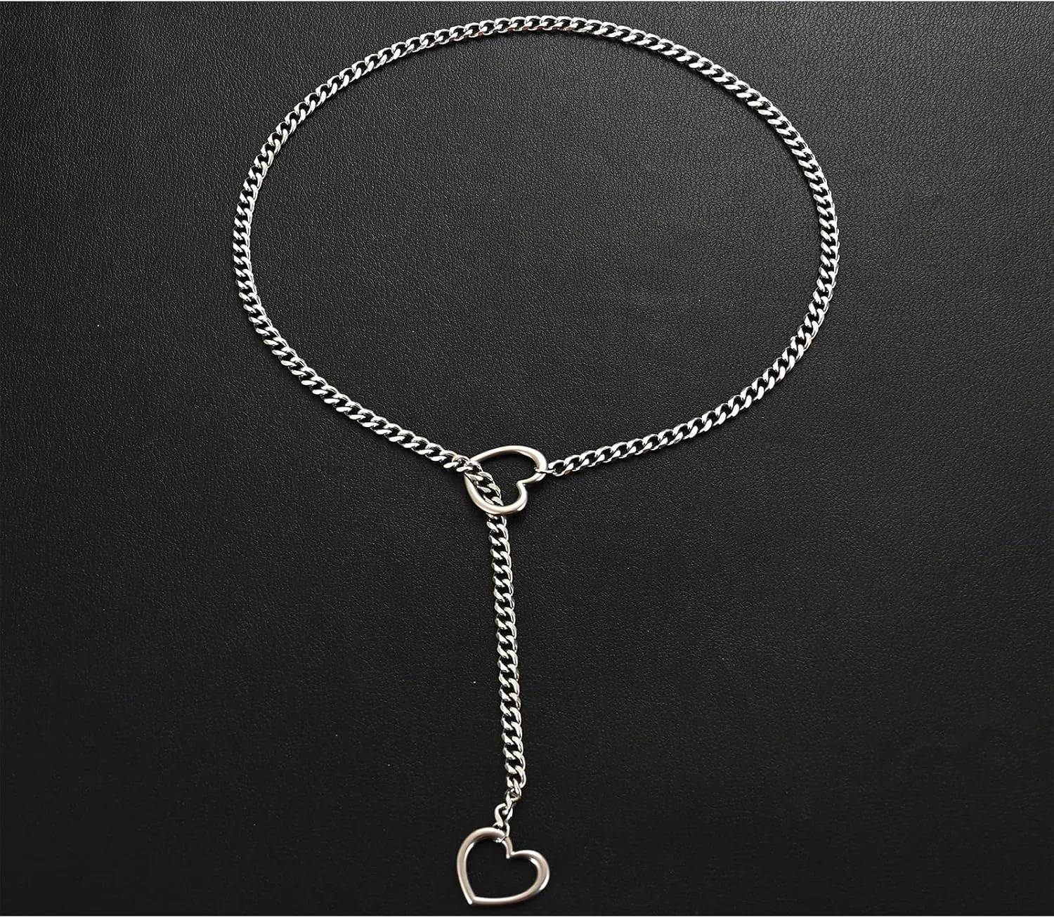 Heart O-ring Slip Chain Necklace for Women Punk Rock Stainless Steel Cuban Long Handmade Necklace Y-NecklaceJewelry Gifts Adjustable Lariat Y-Necklace Heart Locker With Key