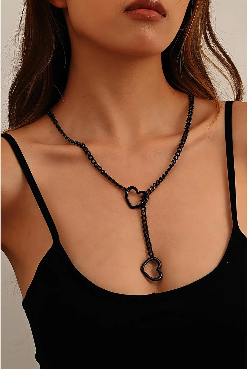Heart O-ring Slip Chain Necklace for Women Punk Rock Stainless Steel Cuban Long Handmade Necklace Y-NecklaceJewelry Gifts Adjustable Lariat Y-Necklace Heart Locker With Key