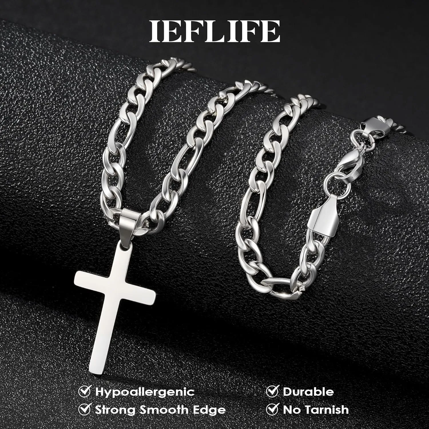 IEFLIFE Cross Necklaces Gifts for Men Him - Silver Figaro Chain Stainless Steel Cross Necklace Jewelry, Anniversary Birthday Gift for Dad Husband Brother Son Grandson Gift