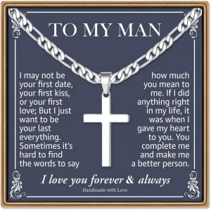 IEFLIFE Cross Necklaces Gifts for Men Him - Silver Figaro Chain Stainless Steel Cross Necklace Jewelry, Anniversary Birthday Gift for Dad Husband Brother Son Grandson Gift