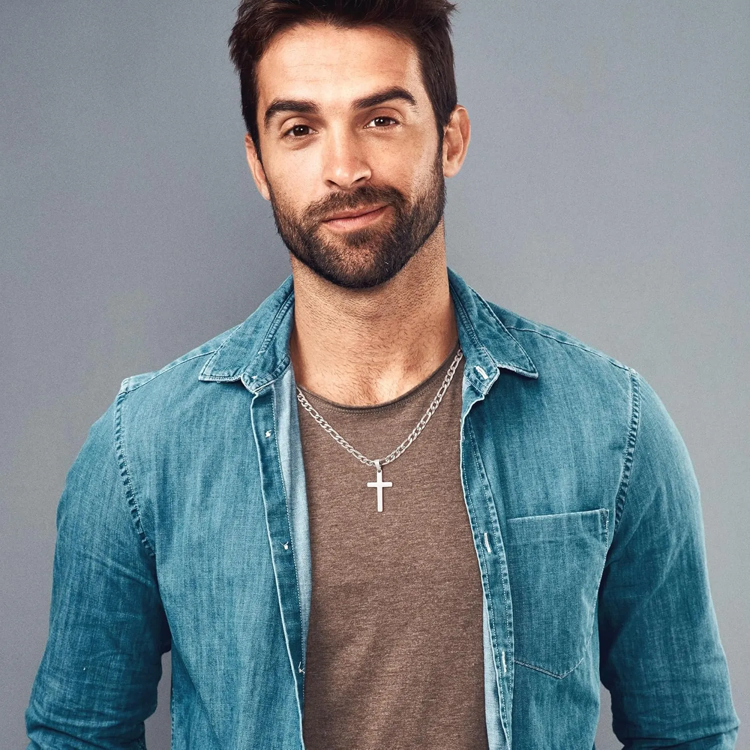 IEFLIFE Cross Necklaces Gifts for Men Him - Silver Figaro Chain Stainless Steel Cross Necklace Jewelry, Anniversary Birthday Gift for Dad Husband Brother Son Grandson Gift