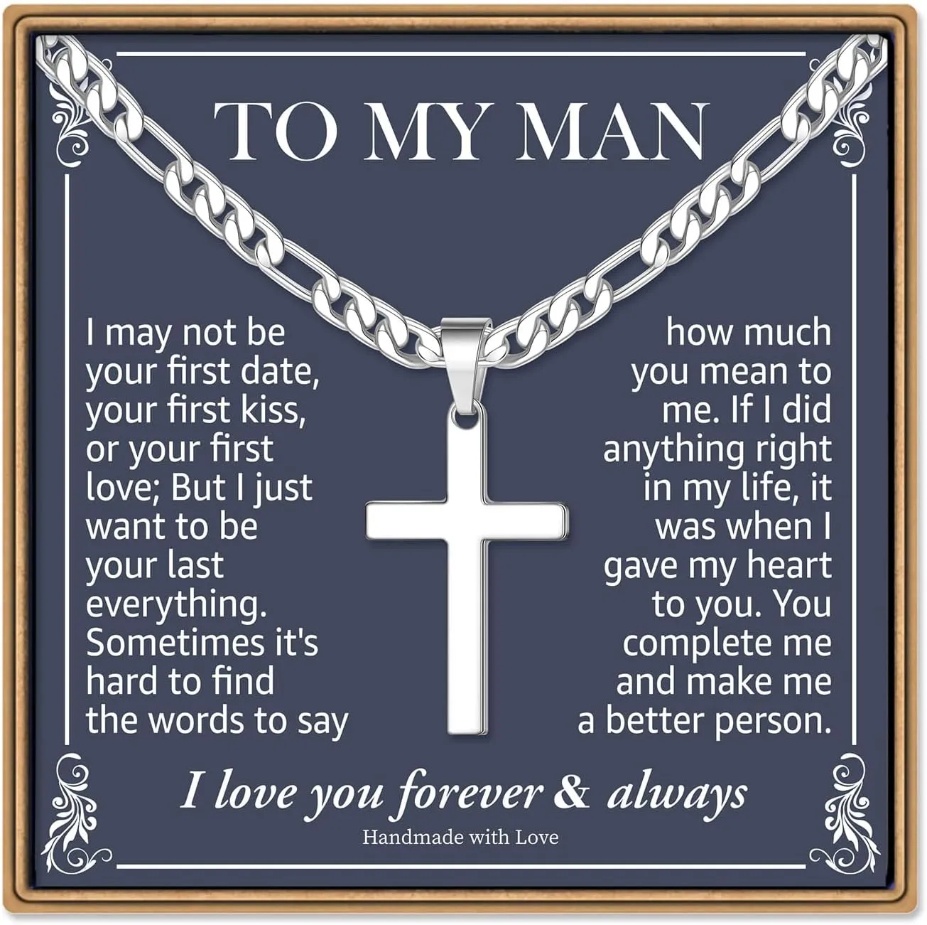 IEFLIFE Cross Necklaces Gifts for Men Him - Silver Figaro Chain Stainless Steel Cross Necklace Jewelry, Anniversary Birthday Gift for Dad Husband Brother Son Grandson Gift