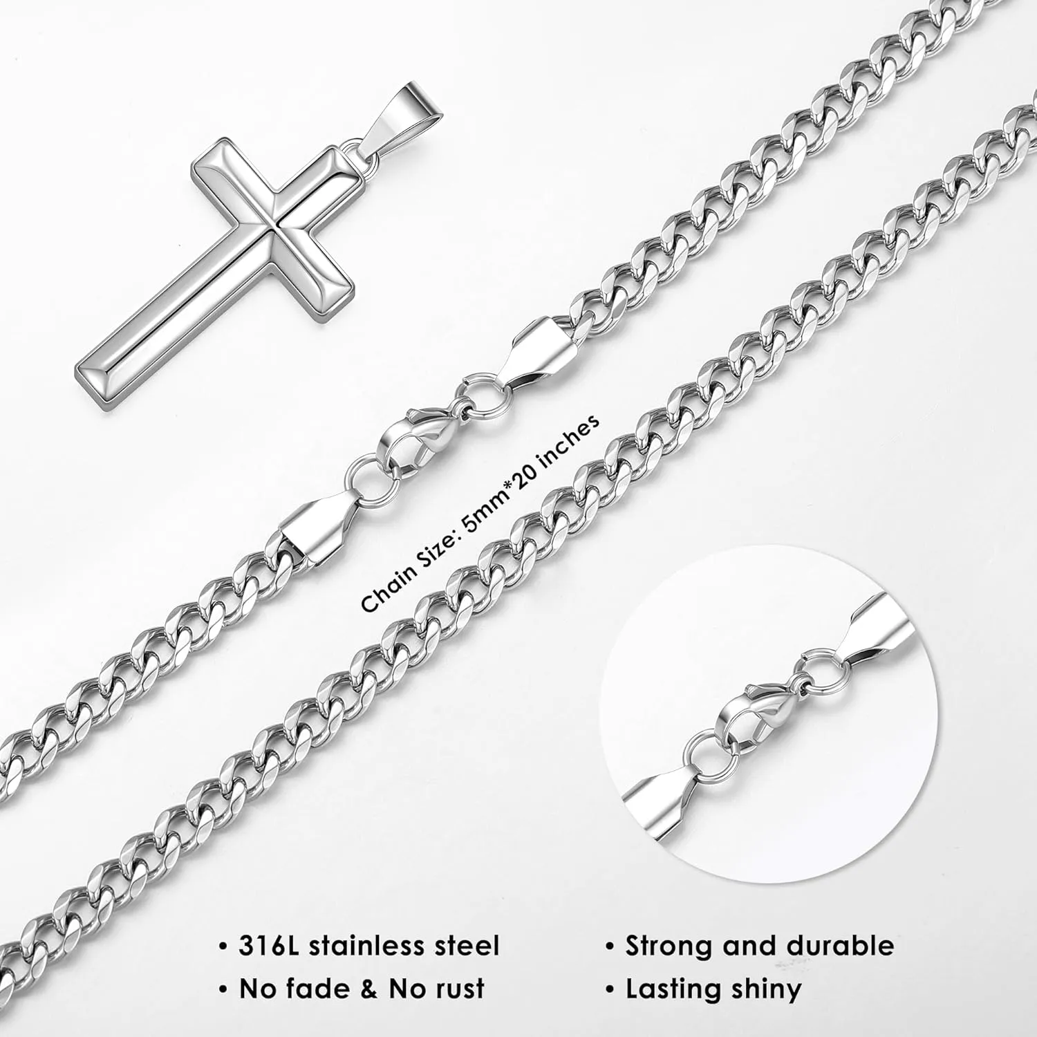 IEFLIFE Fathers Day Necklace Gifts - Cross Necklaces Gifts for Men Him, Silver Cuban Link Chain Stainless Steel Cross Necklace Jewelry Anniversary Birthday Gift for Dad Husband Son Grandson Gift