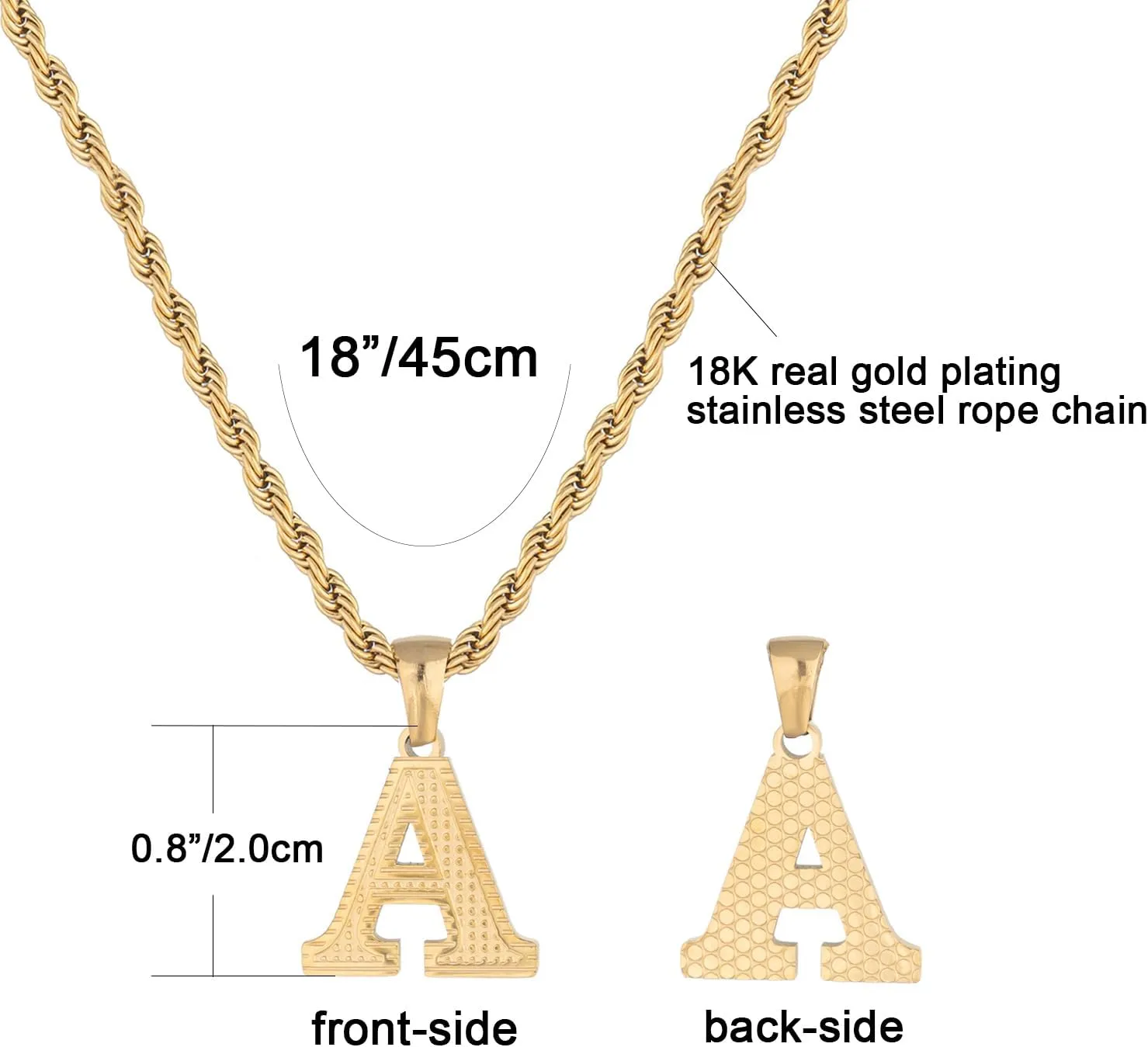 Initial Necklace for Men Women 18K Gold Silver Tone Stainless Steel Capital Gothic 26 Letters Pendant with Rope Chain Necklaces