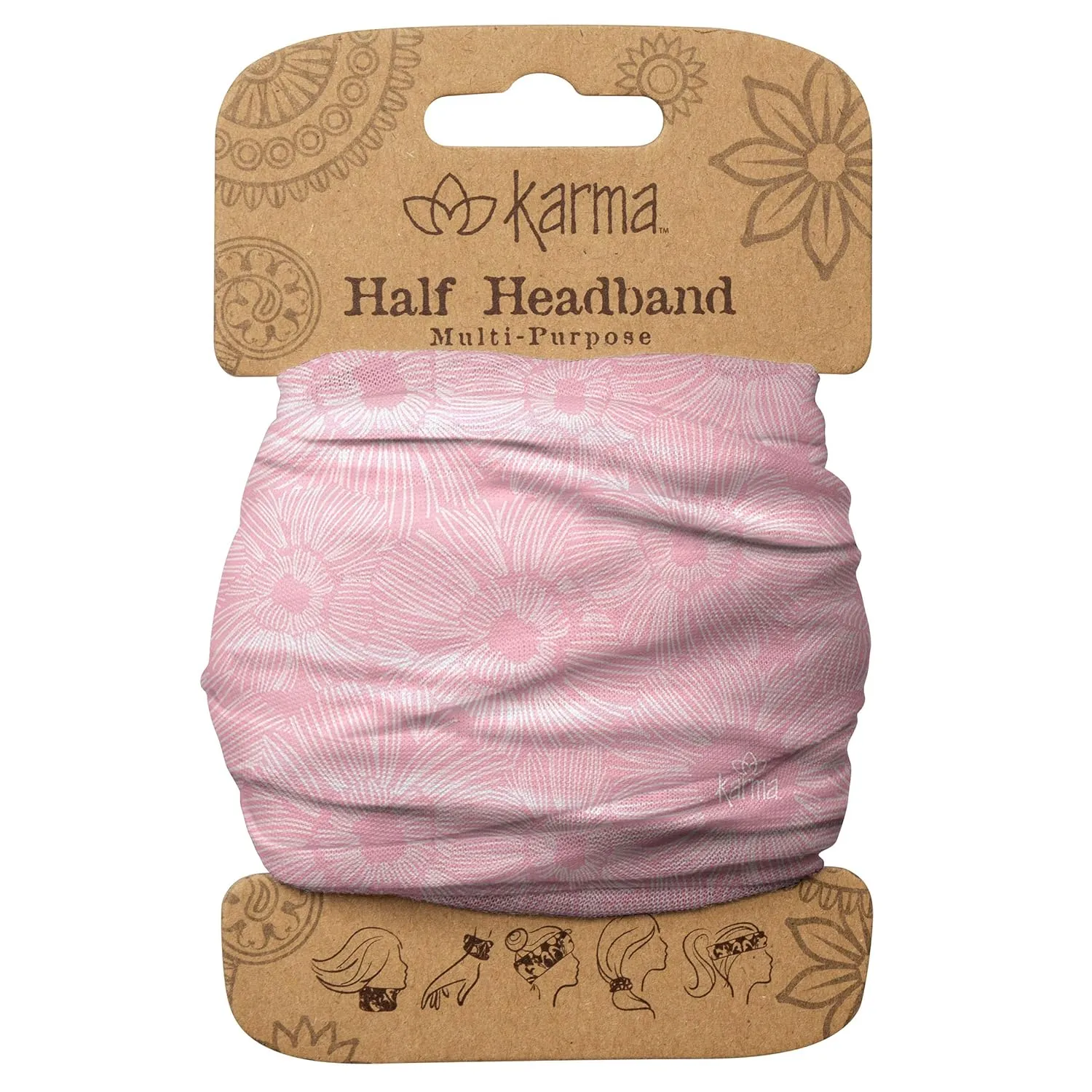Karma Pink Line Flower Headband for Women - Medium - Fabric Headband and Stretchy Hair Scarf - Pink