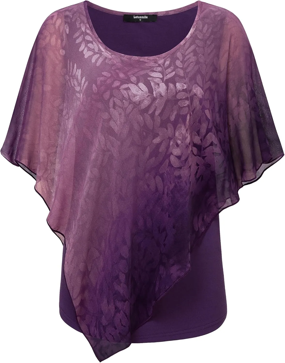 Lotusmile Women's Lightweight Flowy Shirt Double-Layered Printed Chiffon Poncho Blouse Top