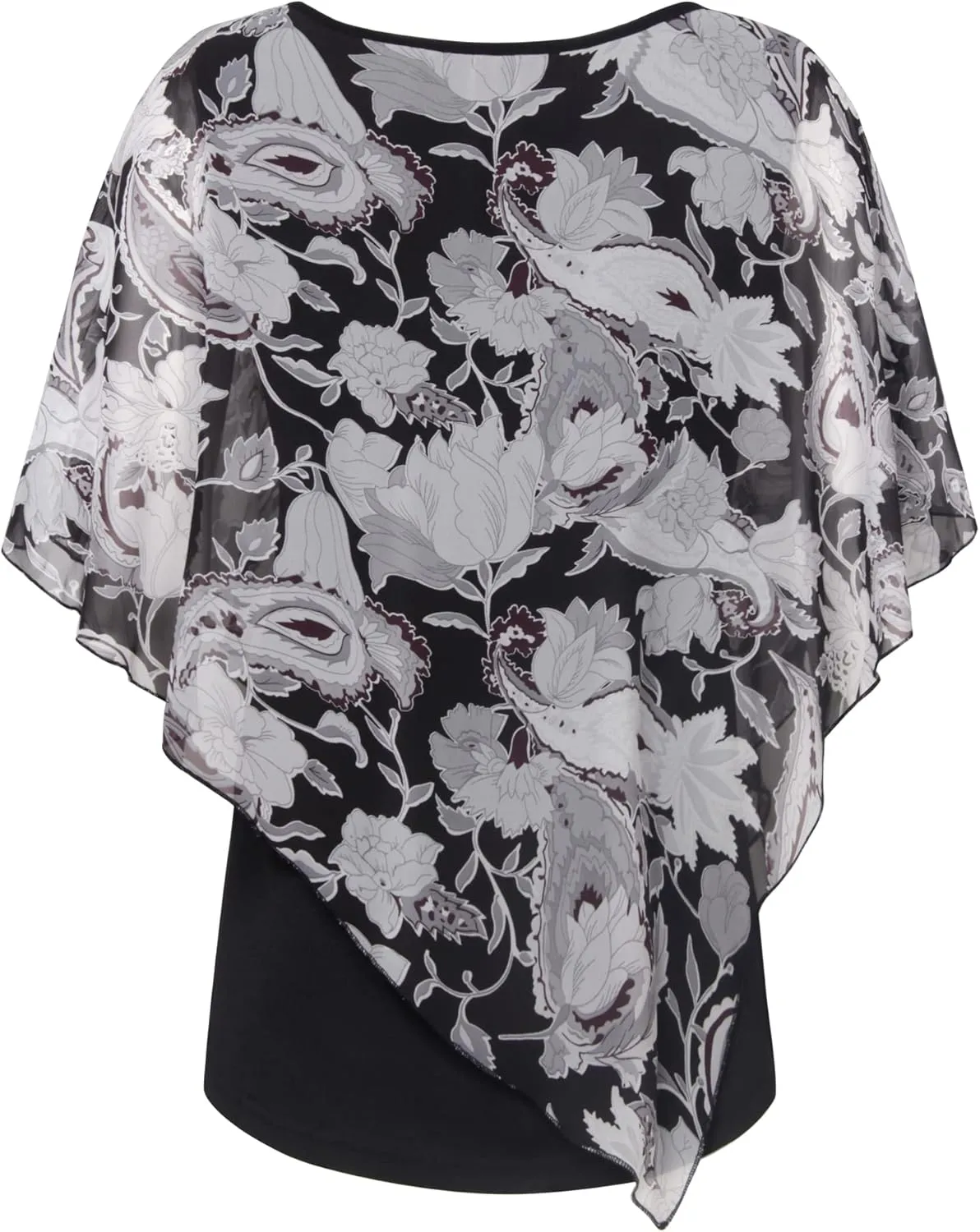 Lotusmile Women's Lightweight Flowy Shirt Double-Layered Printed Chiffon Poncho Blouse Top