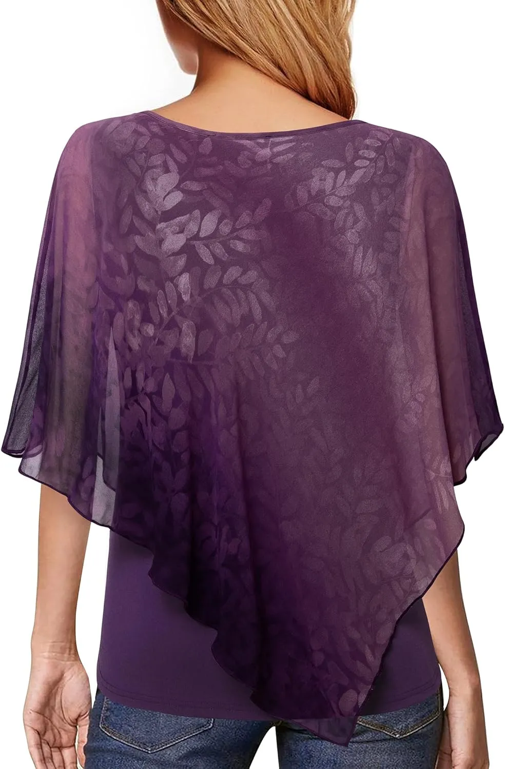 Lotusmile Women's Lightweight Flowy Shirt Double-Layered Printed Chiffon Poncho Blouse Top