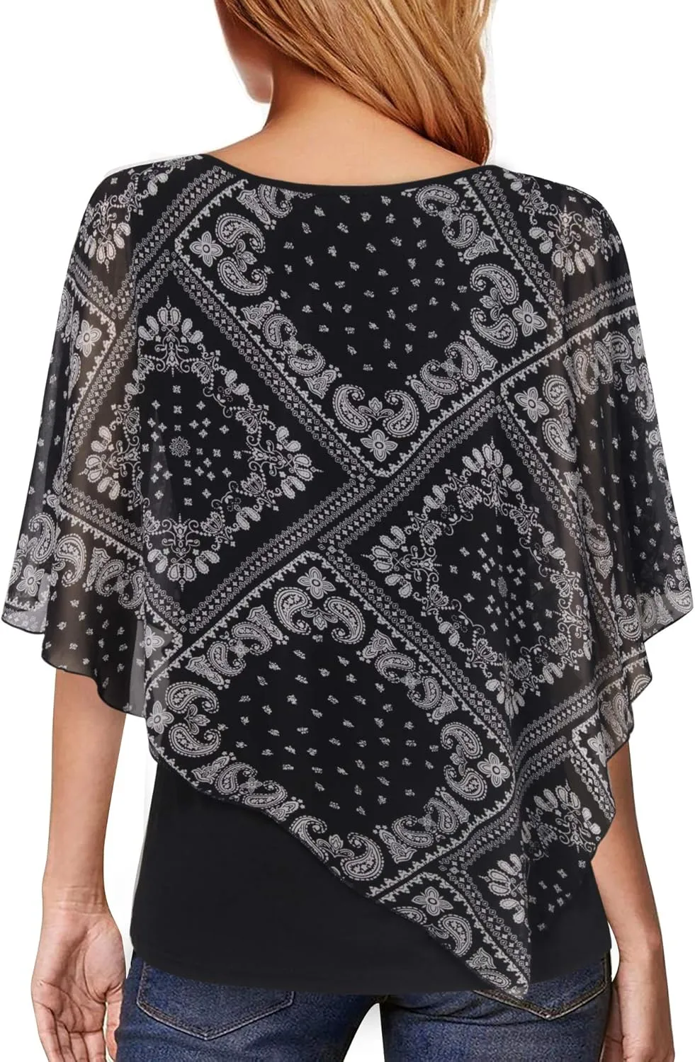 Lotusmile Women's Lightweight Flowy Shirt Double-Layered Printed Chiffon Poncho Blouse Top
