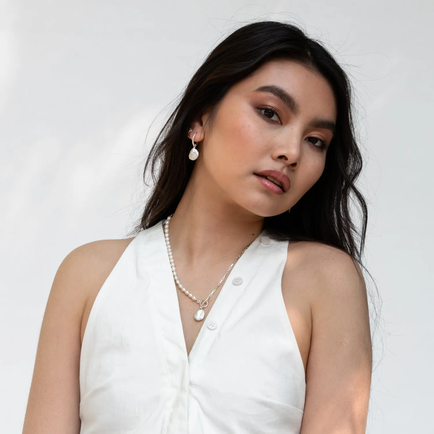 Luna Medium Freshwater Pearl, Chain and Keshi Drop Necklace