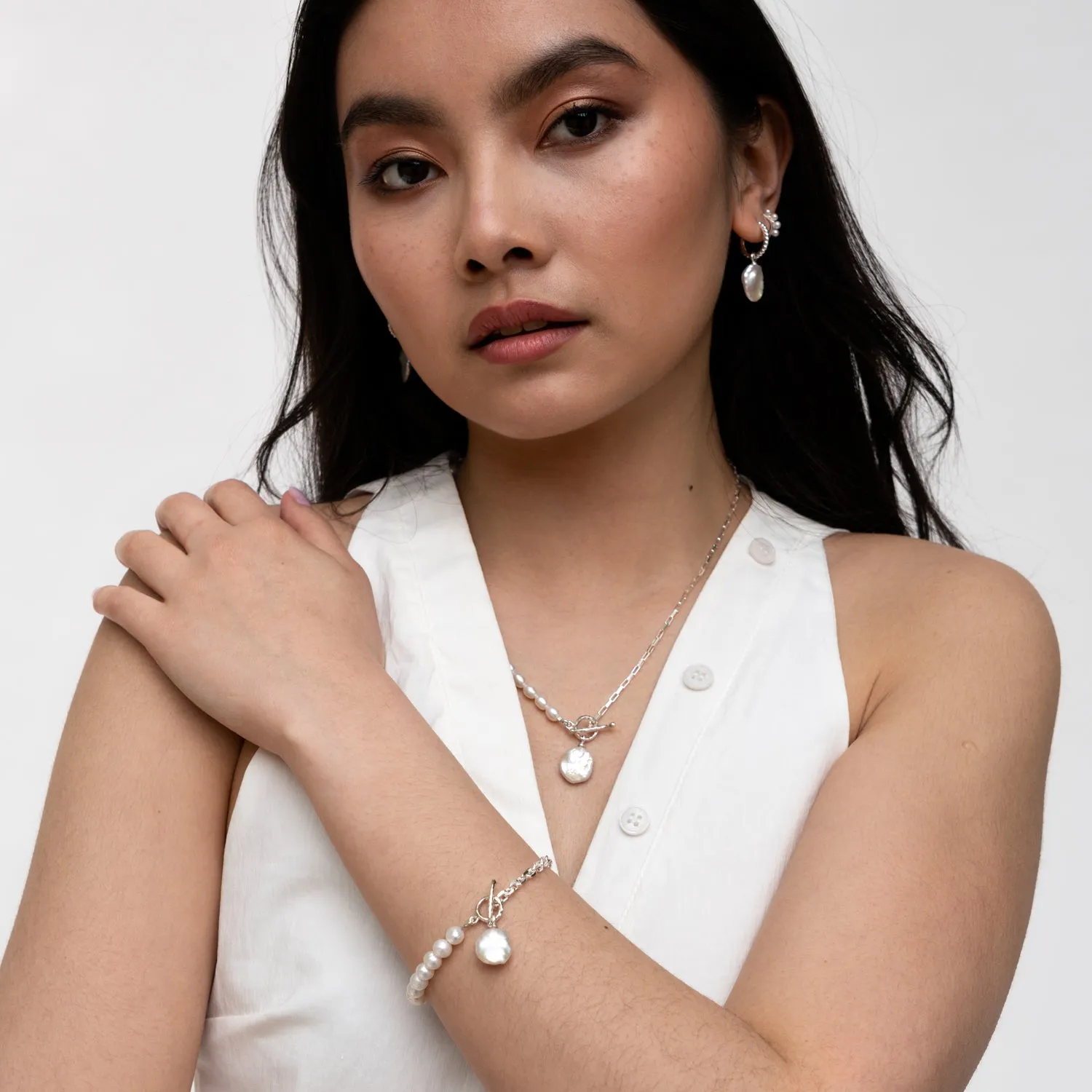 Luna Medium Freshwater Pearl, Chain and Keshi Drop Necklace