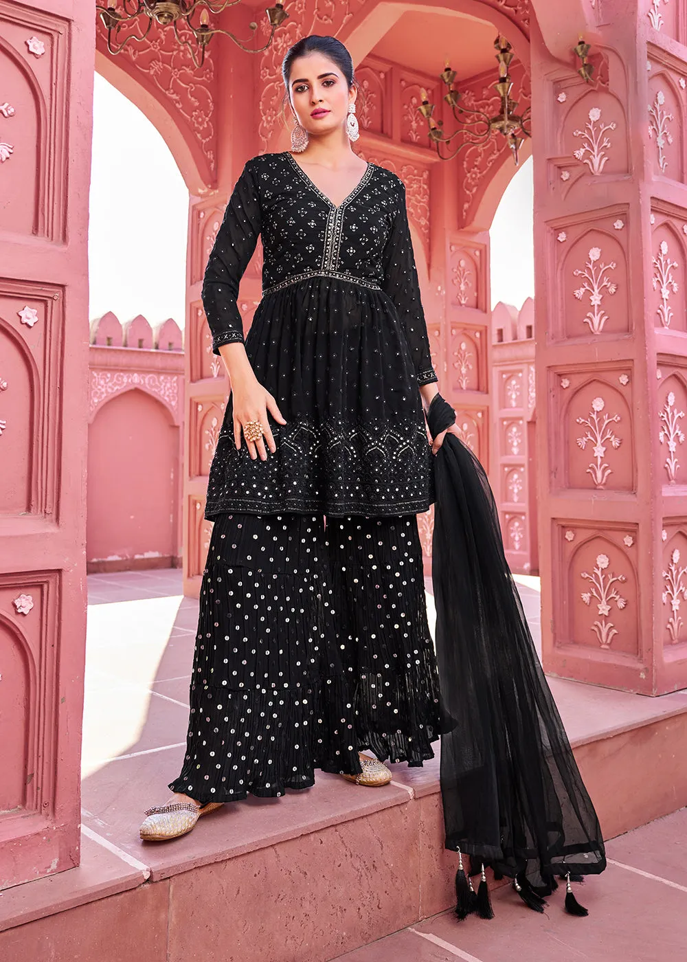 Majestic Black Embroidered Eid Style Palazzo Suit