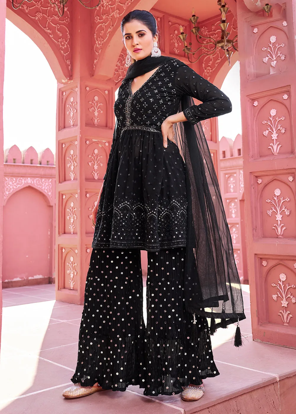 Majestic Black Embroidered Eid Style Palazzo Suit