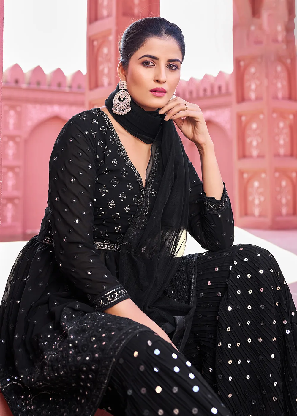 Majestic Black Embroidered Eid Style Palazzo Suit