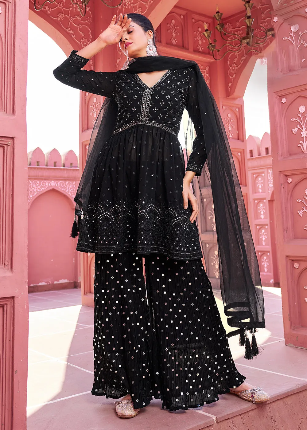 Majestic Black Embroidered Eid Style Palazzo Suit