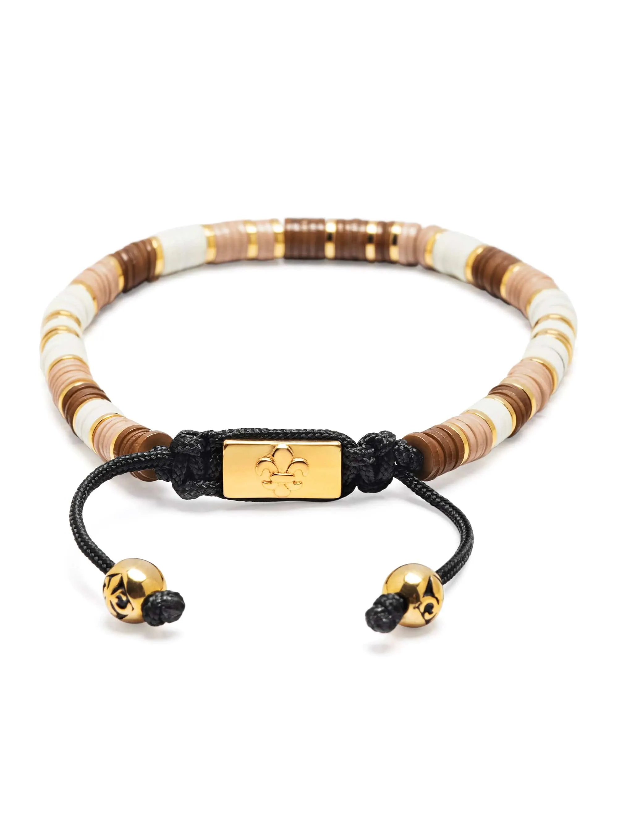 Men's Beaded Bracelet with Brown, Beige and Gold Disc Beads