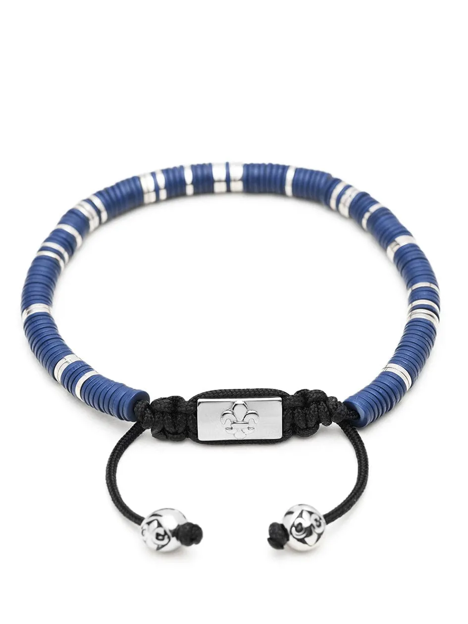 Men's Beaded Bracelet with Dark Blue and Silver Disc Beads