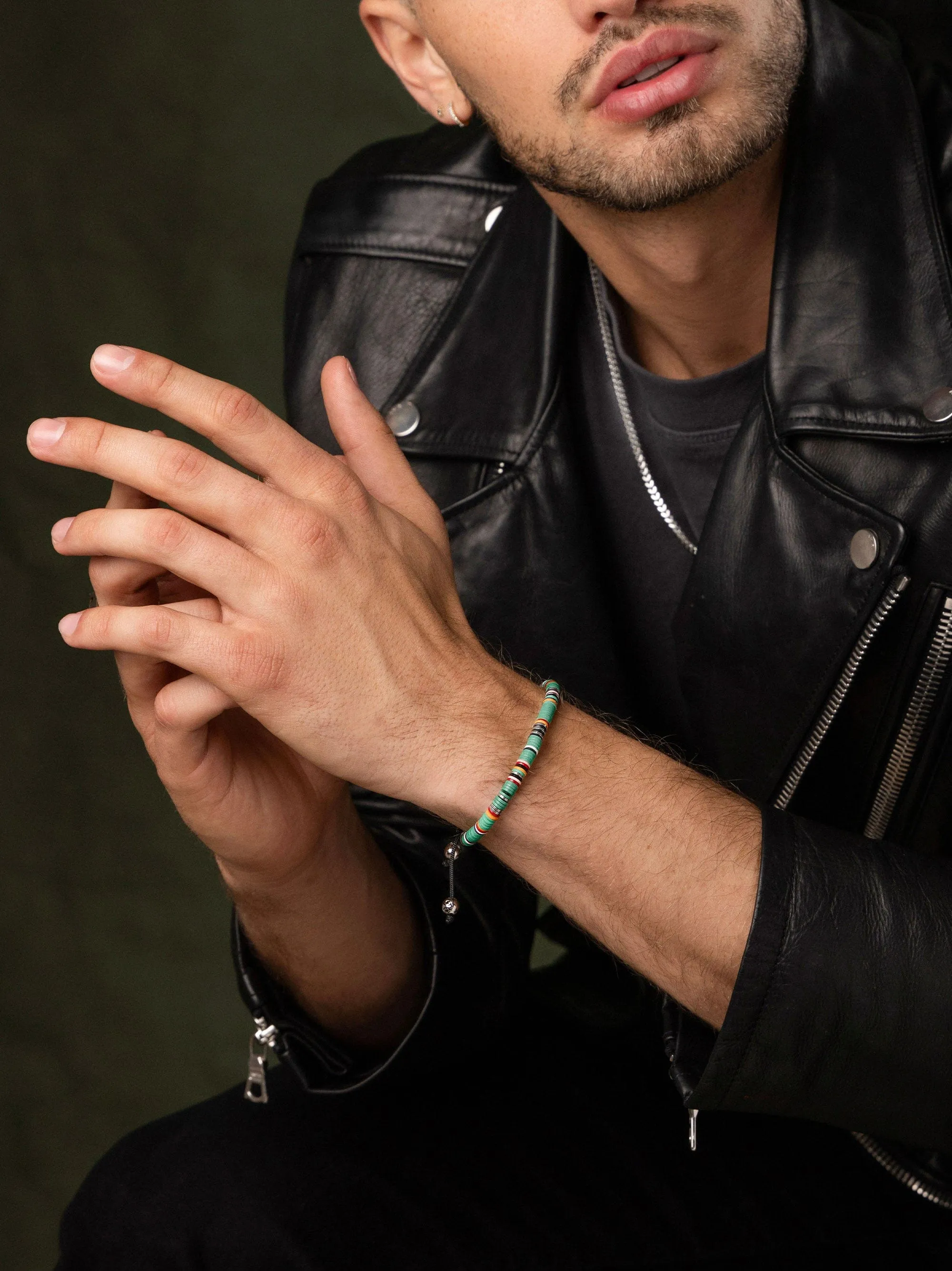 Men's Beaded Bracelet with Green Disc Beads