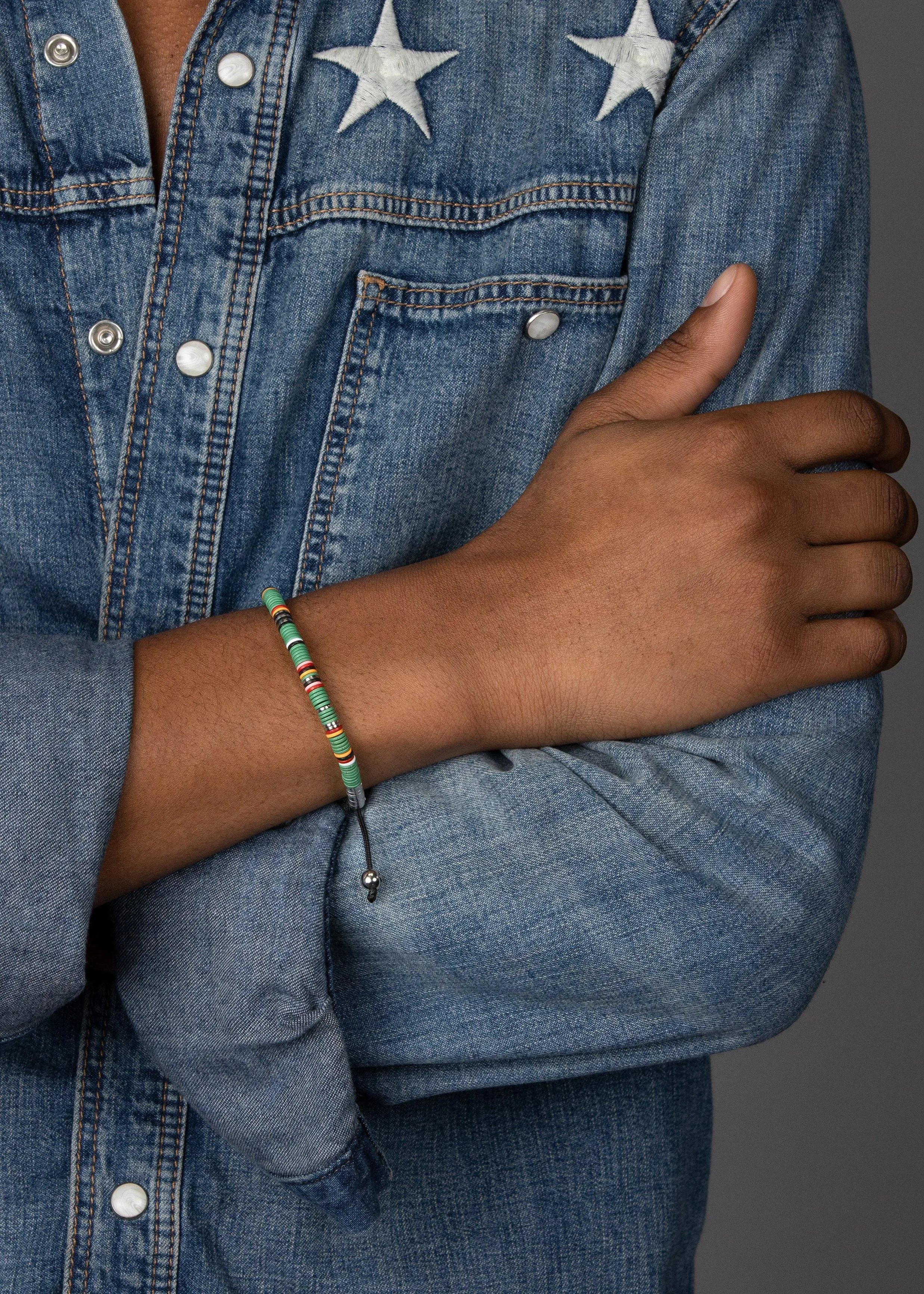 Men's Beaded Bracelet with Green Disc Beads