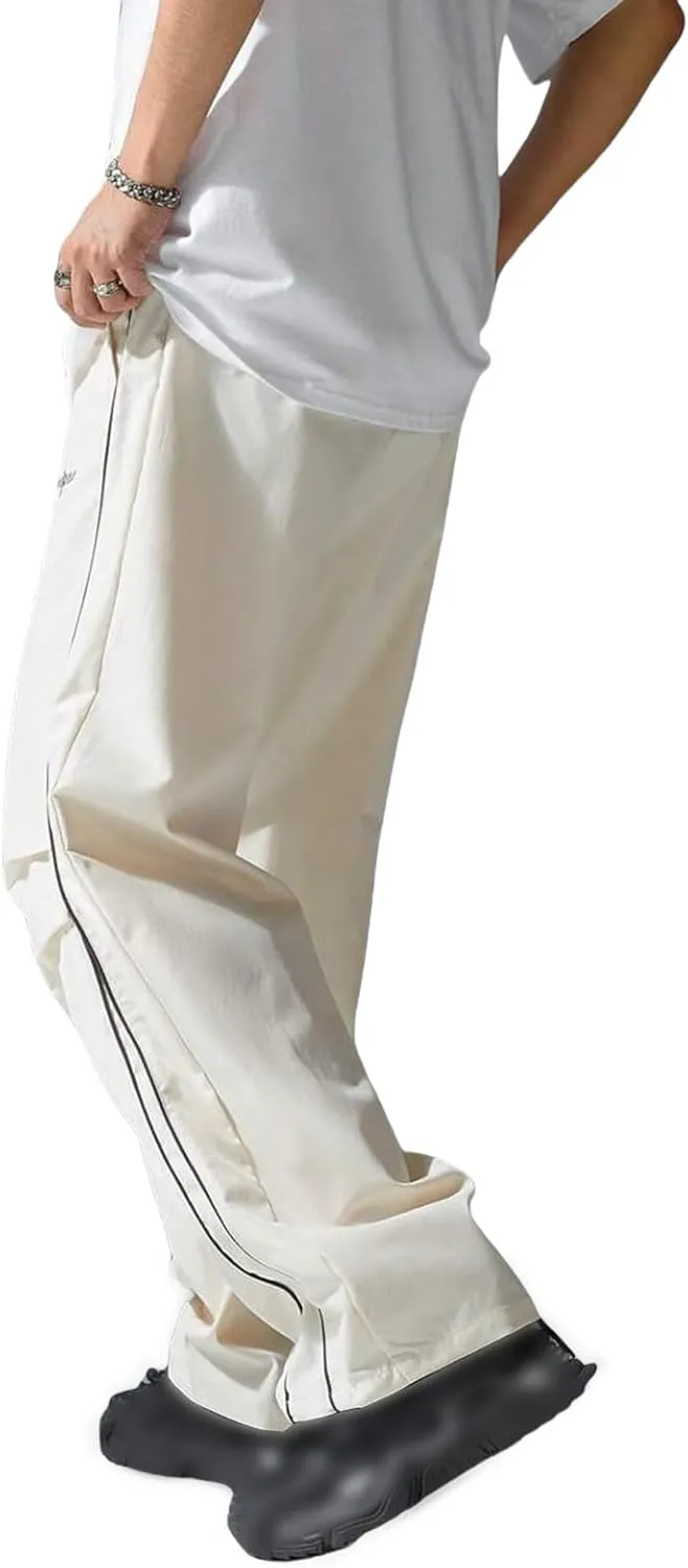 Men's Casual Drawstring Parachute Pants Baggy Elastic Waist Pants Side Stripes Athletic Loose Tousers with Pockets