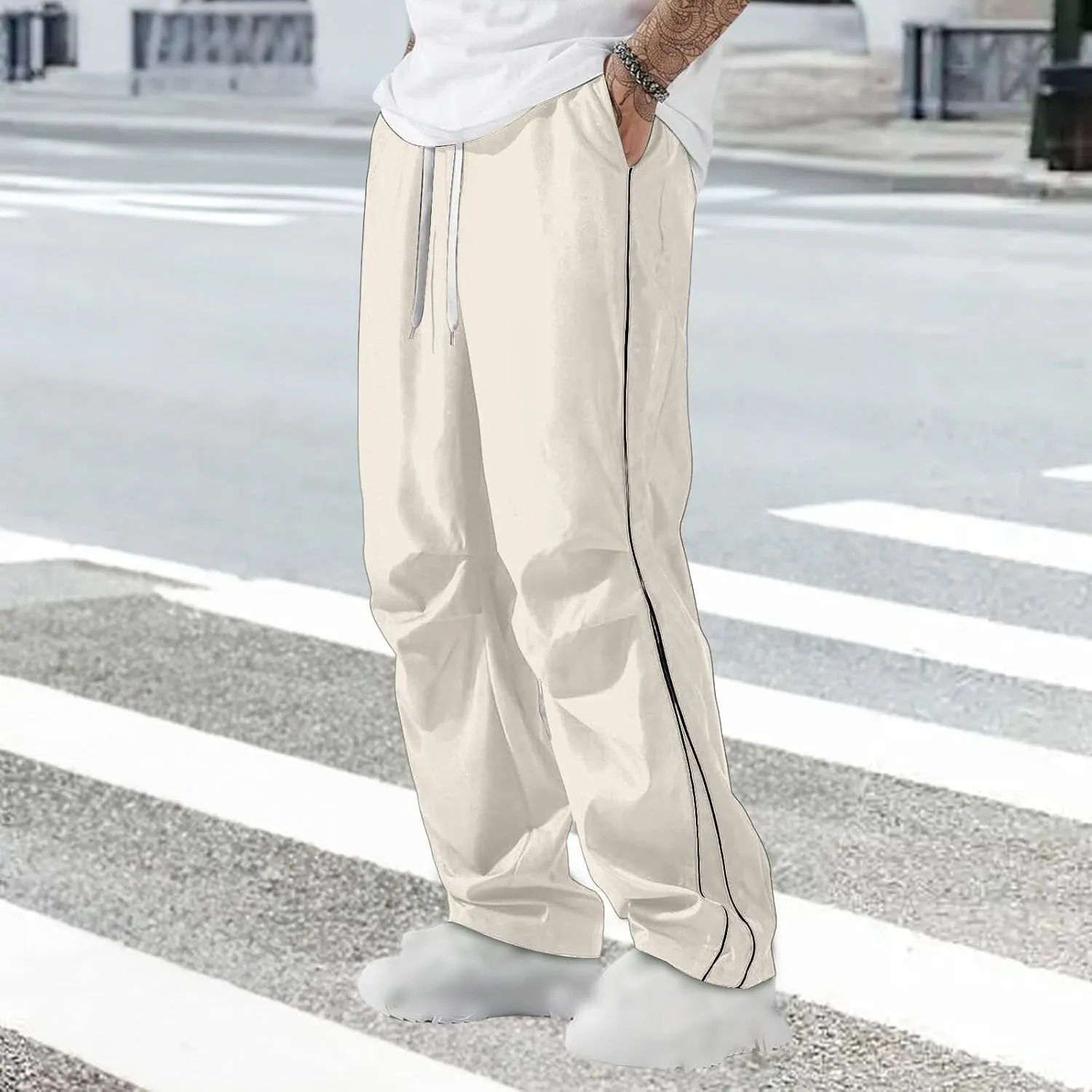 Men's Casual Drawstring Parachute Pants Baggy Elastic Waist Pants Side Stripes Athletic Loose Tousers with Pockets