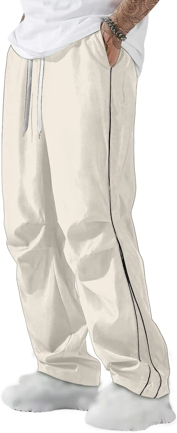 Men's Casual Drawstring Parachute Pants Baggy Elastic Waist Pants Side Stripes Athletic Loose Tousers with Pockets