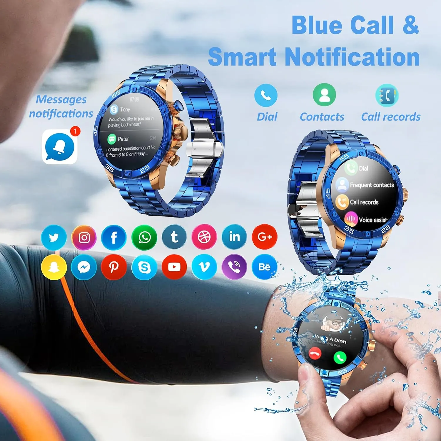 Men's Smart Watch Round HD 1.53" Gold Blue Smart Watches for Men, Multiple Sports Modes, Bluetooth Voice Call. Available for iOS and Android (Blue)