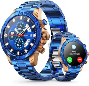 Men's Smart Watch Round HD 1.53" Gold Blue Smart Watches for Men, Multiple Sports Modes, Bluetooth Voice Call. Available for iOS and Android (Blue)