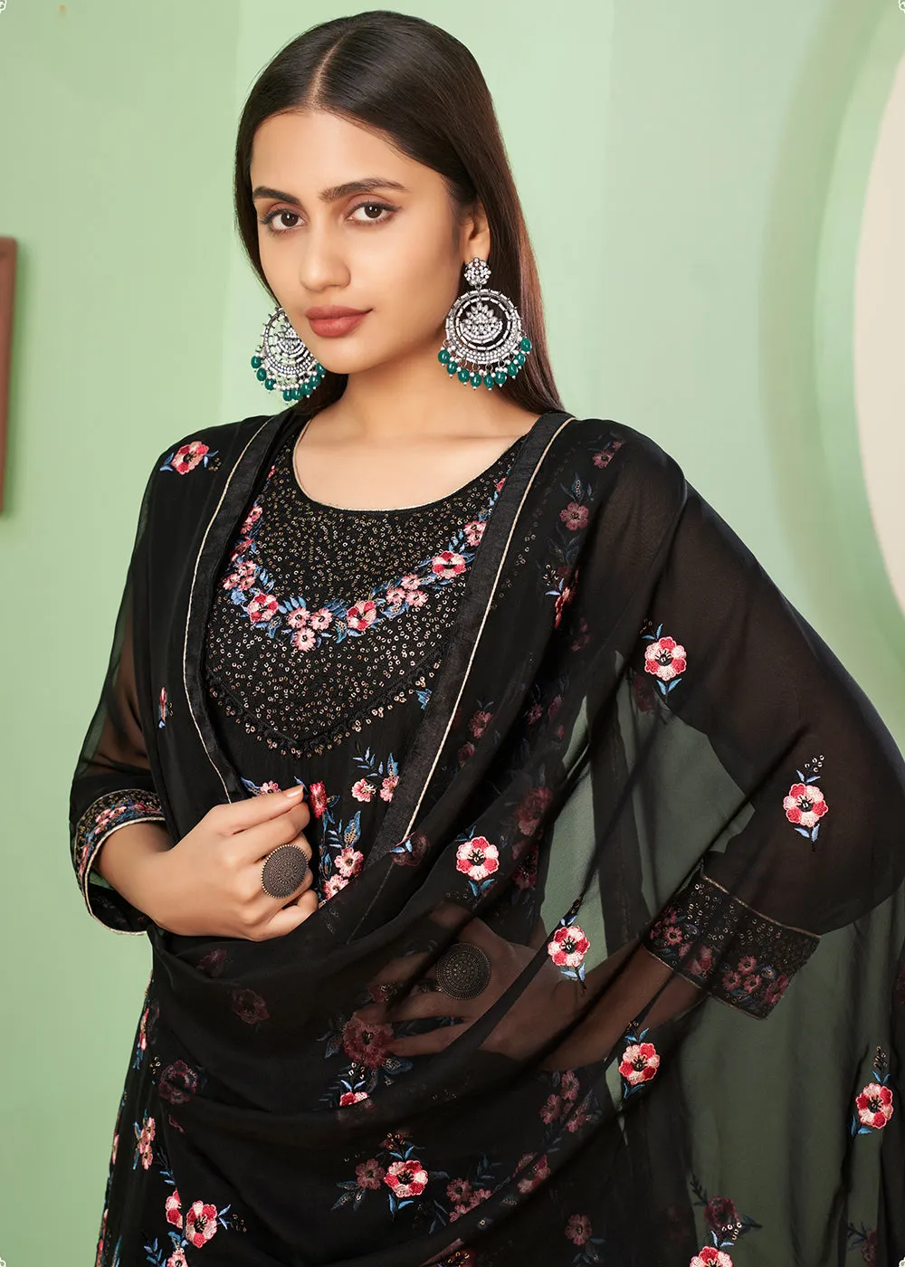 Multi Thread Delicate Black Georgette Palazzo Salwar Suit