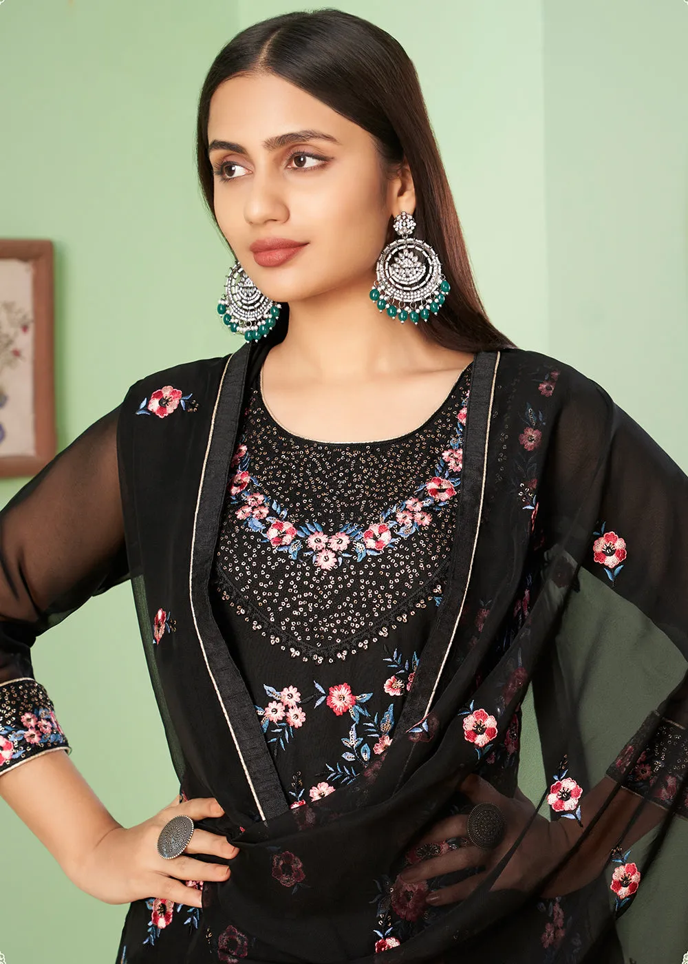Multi Thread Delicate Black Georgette Palazzo Salwar Suit