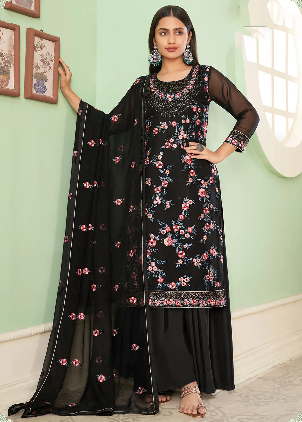 Multi Thread Delicate Black Georgette Palazzo Salwar Suit