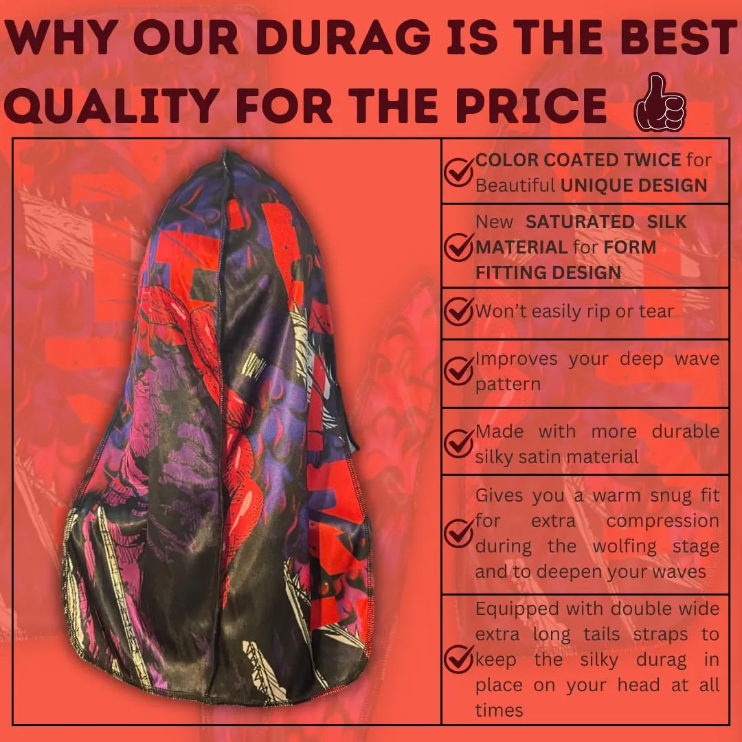 New Premium Silky Durag Design Satin Chainsaw Purple Red Blue