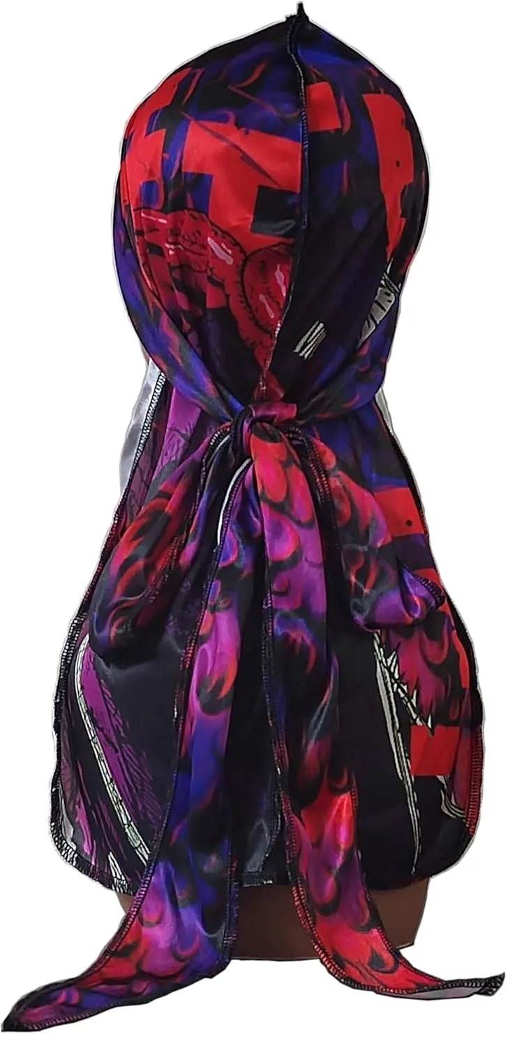 New Premium Silky Durag Design Satin Chainsaw Purple Red Blue