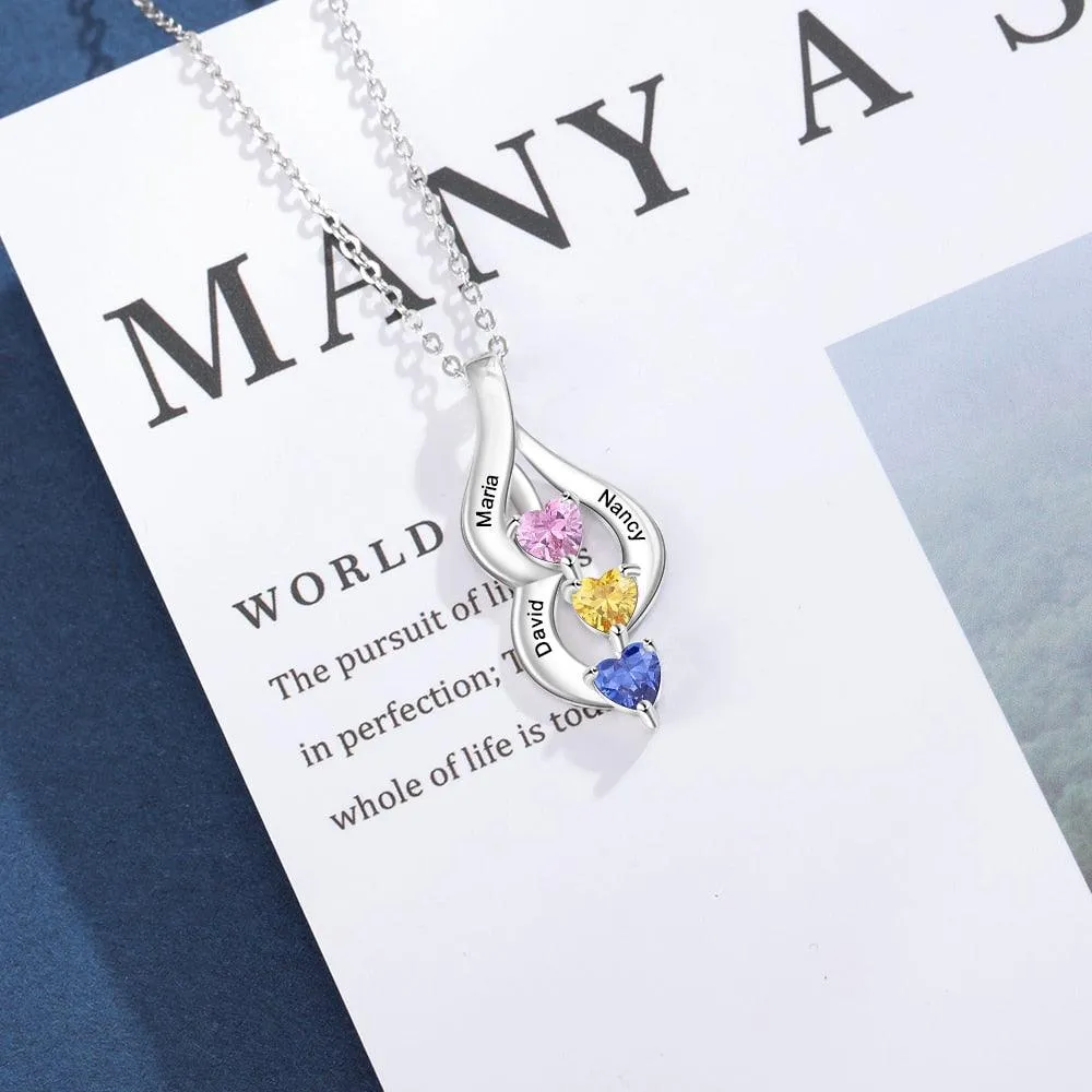 Personalized 3 Name Engravings on the Pendant with 3 Heart Shaped Birthstones