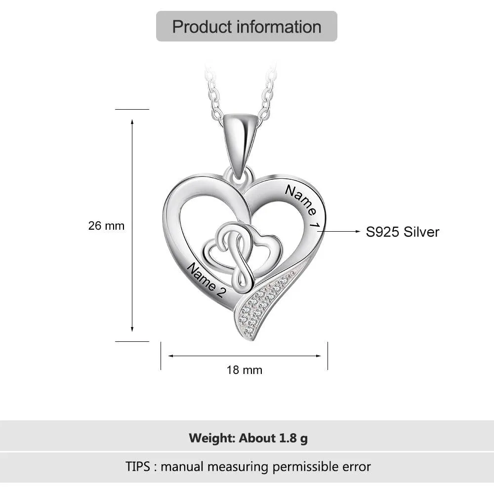 Personalized 925 Sterling Silver Customizable Heart-Shaped Pendant Necklace – 2 Names Engraving Options
