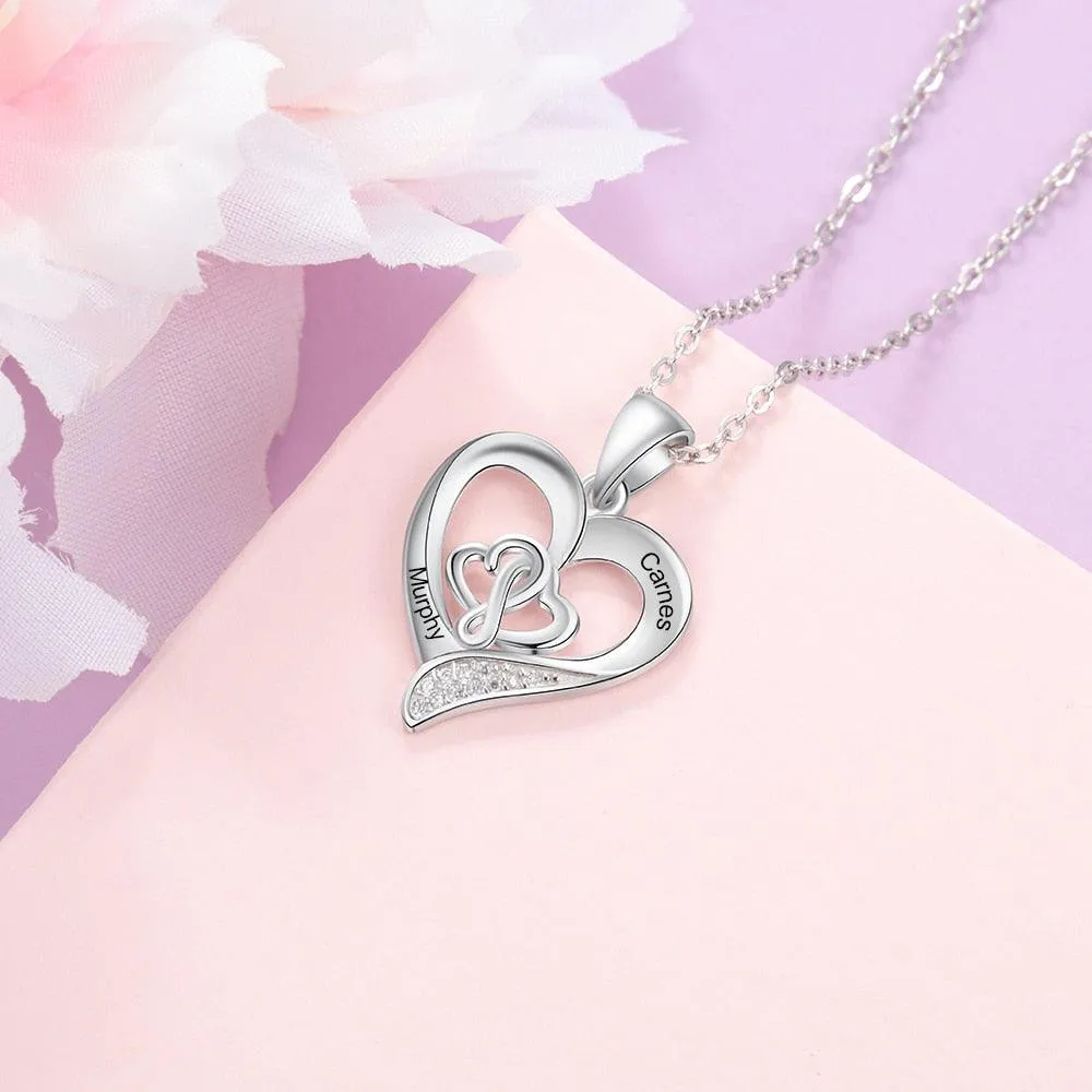 Personalized 925 Sterling Silver Customizable Heart-Shaped Pendant Necklace – 2 Names Engraving Options
