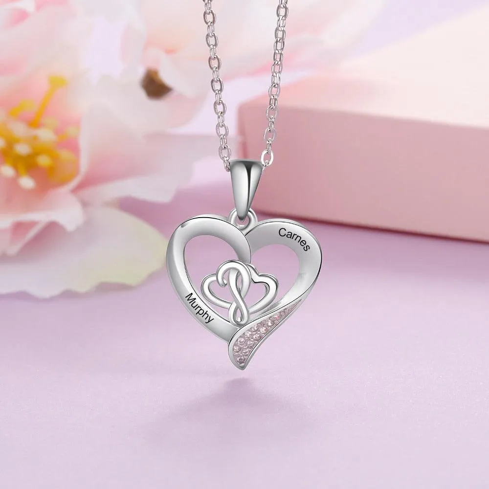 Personalized 925 Sterling Silver Customizable Heart-Shaped Pendant Necklace – 2 Names Engraving Options