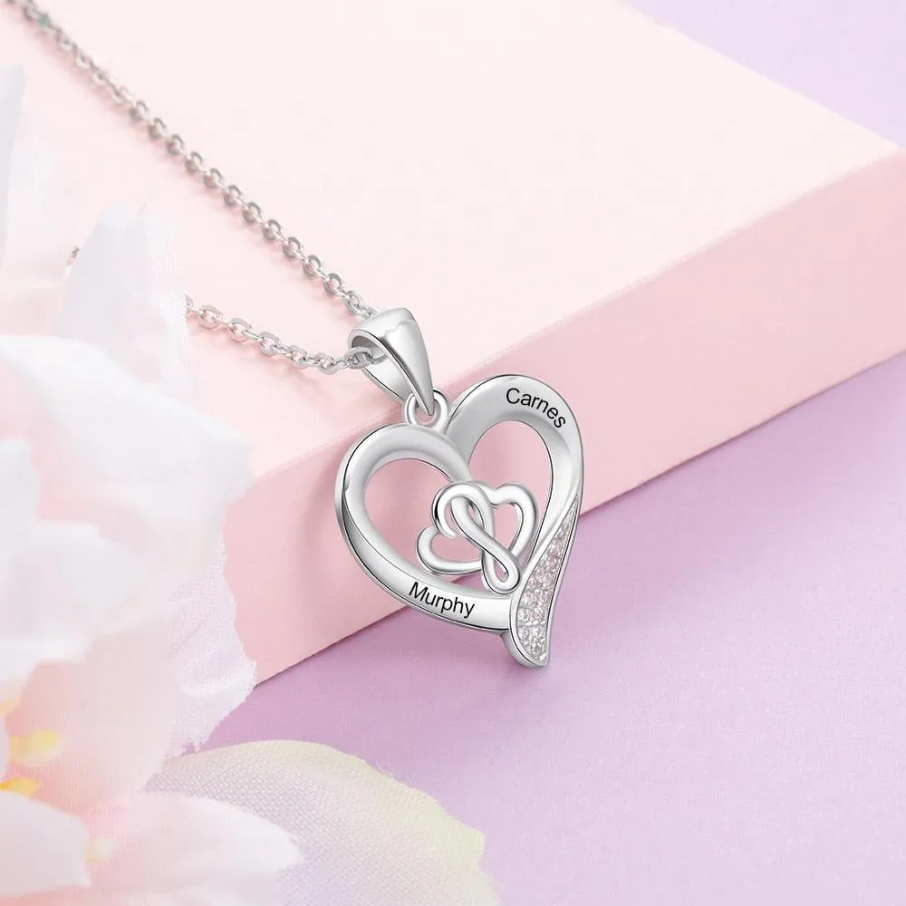 Personalized 925 Sterling Silver Customizable Heart-Shaped Pendant Necklace – 2 Names Engraving Options