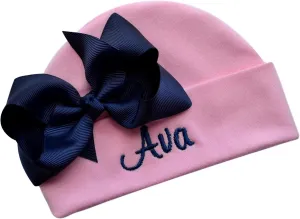 Personalized Embroidered Baby Girl Hat with Grosgrain Bow with Custom Name