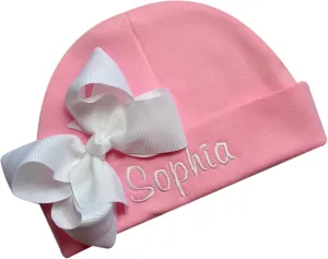 Personalized Embroidered Baby Girl Hat with Grosgrain Bow with Custom Name