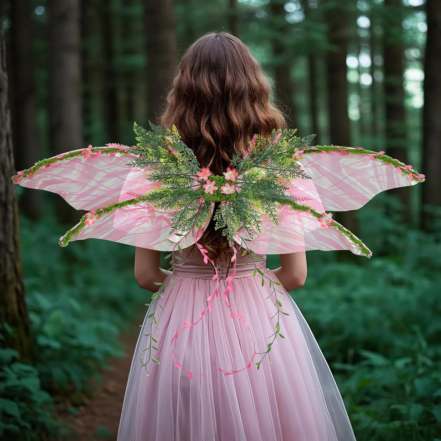 Pink Fairy Wings for Adult - Butterfly Wings for Women Mother Nature Costume Woodland Elf Wings with Pink Flowers Leaves and Vines for Renaissance Renfaire Fantasy Fairy Costume Cosplay