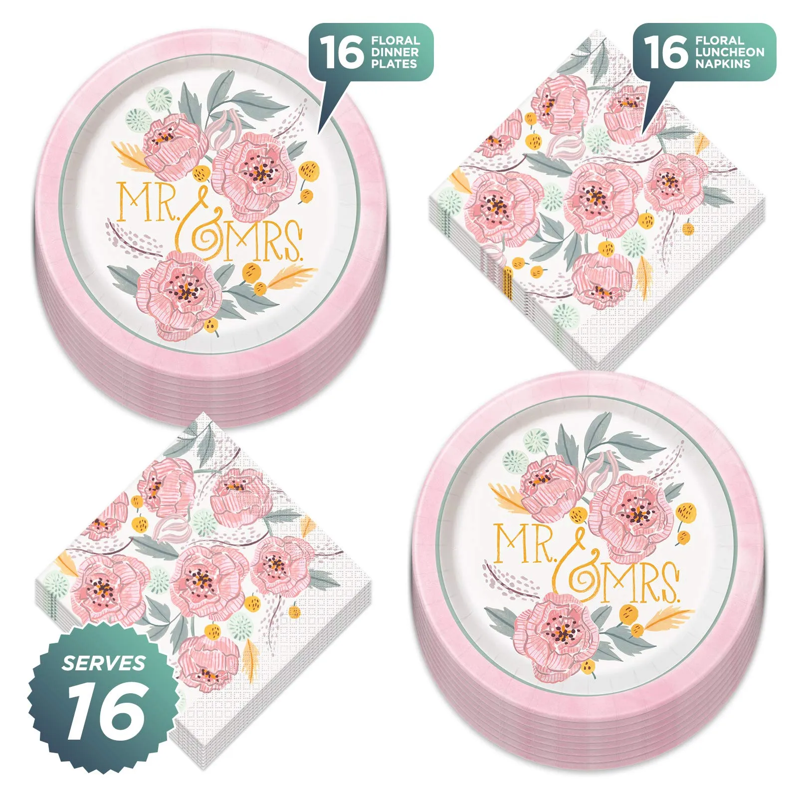 Pretty Painted Florals Dinner Plates and Luncheon Napkins in Pale Pink, Mint Green, and Sunflower Yellow (Serves 16)
