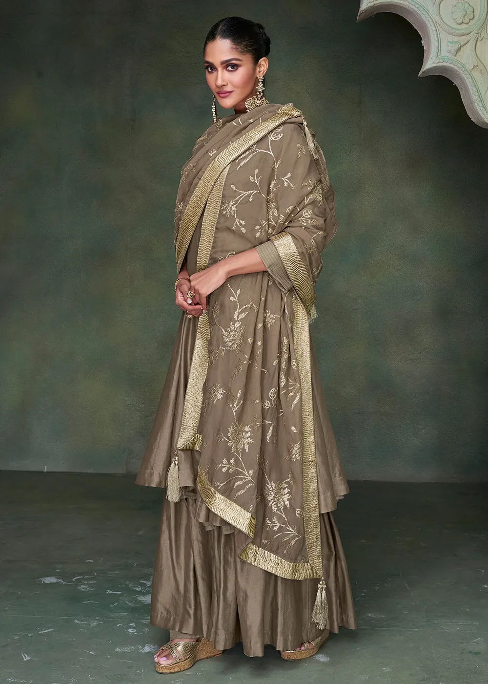 Pure Silk Brown Embroidered Reception Wear Palazzo Suit
