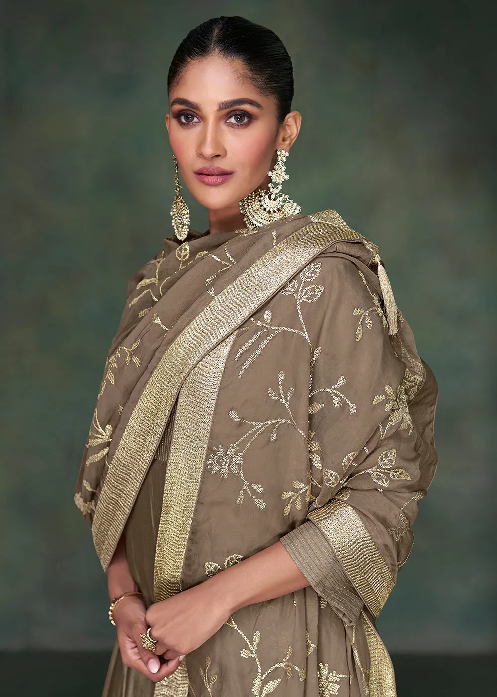 Pure Silk Brown Embroidered Reception Wear Palazzo Suit